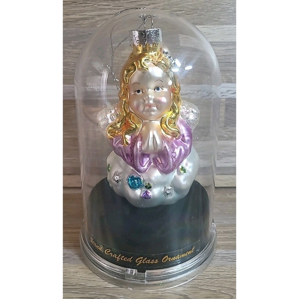 Unique Treasures Hand Blown Glass Christmas Ornament Angel w/ Blonde Hair‎ Case